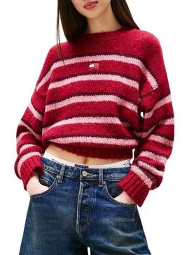 Retorna apenas a tradução para o português: Jersey Tommy Jeans Fluffy vermelho listrado para mulher.