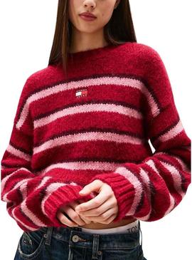 Retorna apenas a tradução para o português: Jersey Tommy Jeans Fluffy vermelho listrado para mulher.