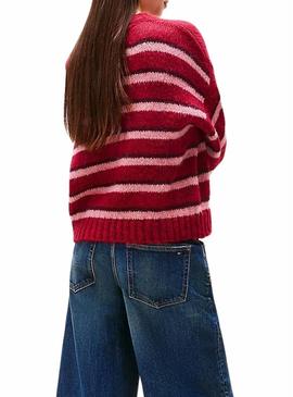 Retorna apenas a tradução para o português: Jersey Tommy Jeans Fluffy vermelho listrado para mulher.