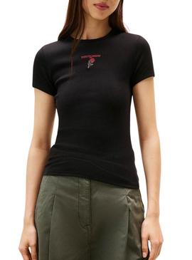 Camiseta Tommy Jeans Rose preta para mulher.