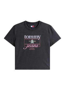 Camiseta Tommy Jeans Crest Flag preta para mulher.