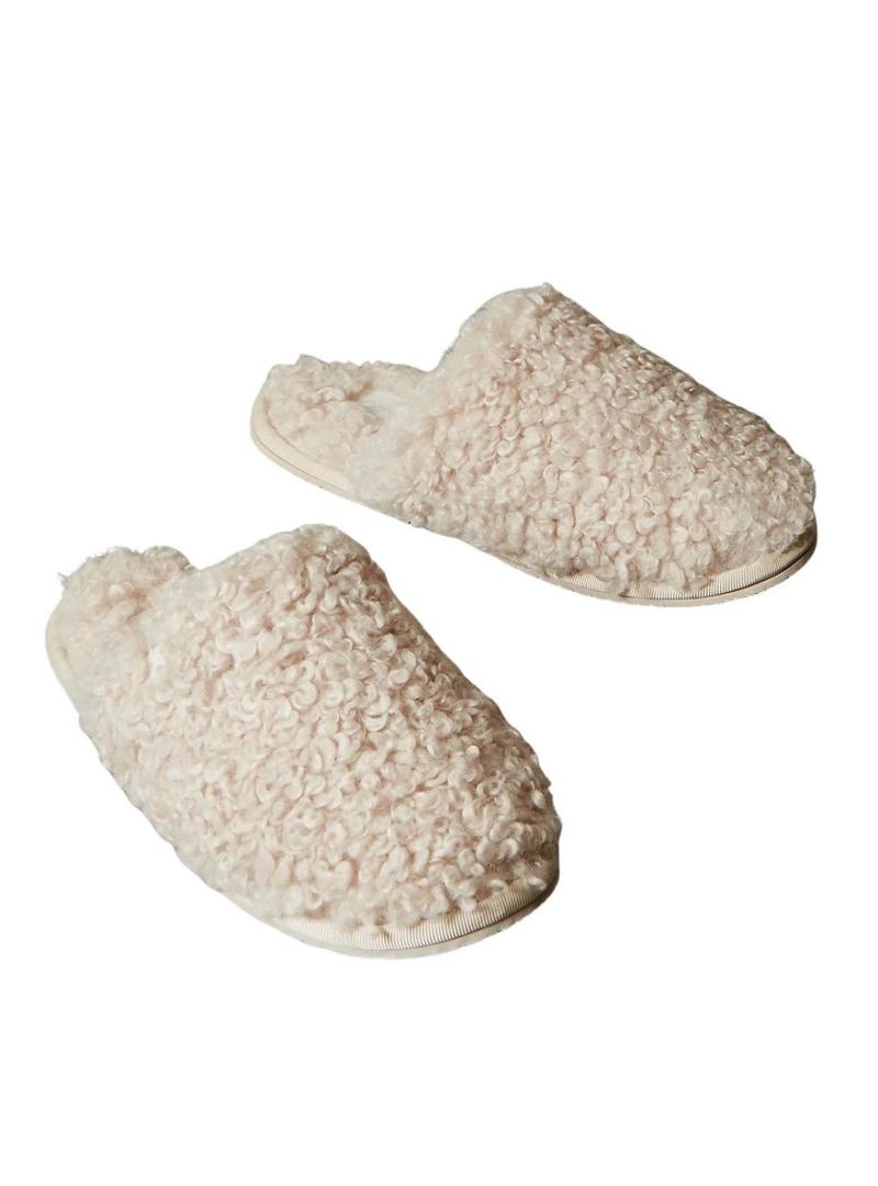 Chinelos de casa Calvin Klein de pele de carneiro bege para mulher.