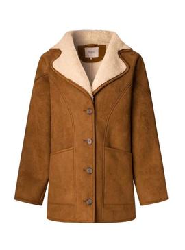 Casaco Pepe Jeans Teresa camel com forro de borrego para mulher.