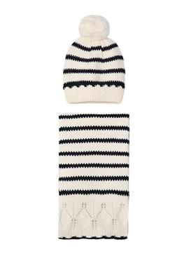 Conjunto Mayoral gorro e cachecol listrados branco menina