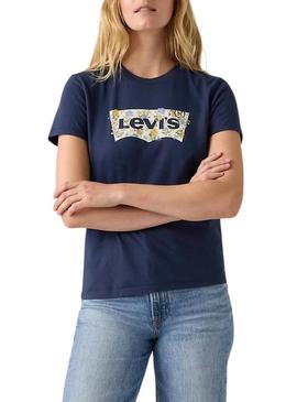 Camiseta Levis Perfect azul logo flores para mulher.