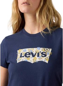 Camiseta Levis Perfect azul logo flores para mulher.