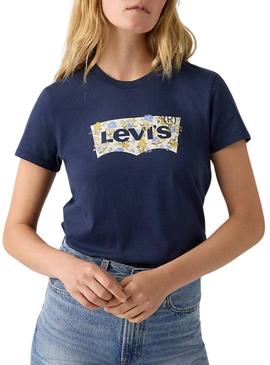 Camiseta Levis Perfect azul logo flores para mulher.