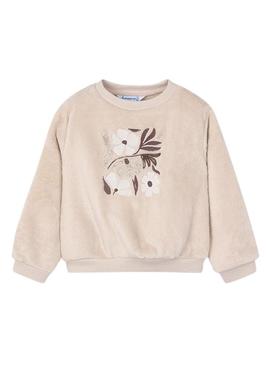 Moletom Mayoral com flores de pelo bege para menina.