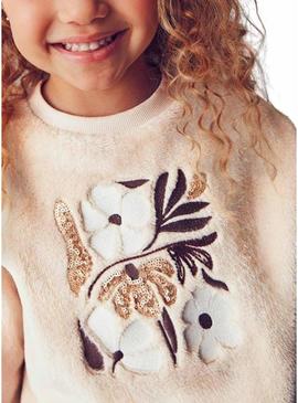 Moletom Mayoral com flores de pelo bege para menina.