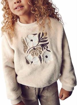 Moletom Mayoral com flores de pelo bege para menina.