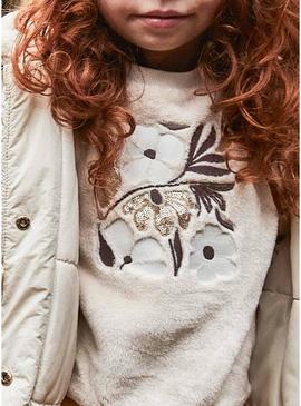 Moletom Mayoral com flores de pelo bege para menina.
