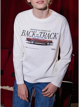 Camiseta Mayoral estampa carro branco para menino.