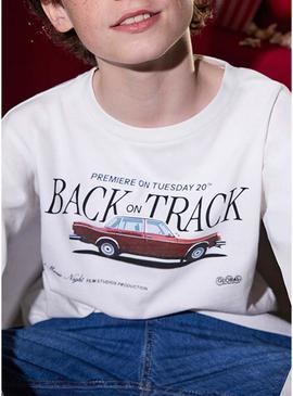 Camiseta Mayoral estampa carro branco para menino.