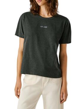 Camiseta Pepe Jeans Bemma logo strass cinza para mulher.