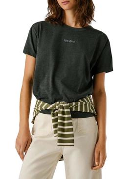 Camiseta Pepe Jeans Bemma logo strass cinza para mulher.