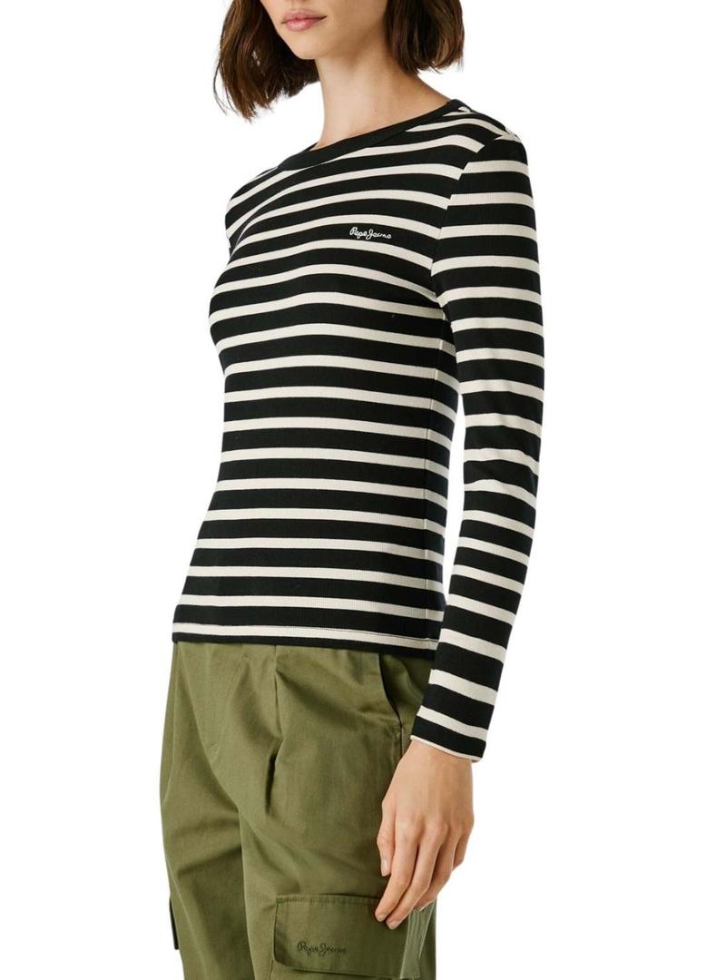 Camiseta Pepe Jeans Bani em listras de malha canelada preta para mulher.