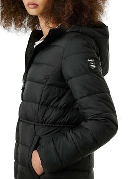 Casaco de penas Pepe Jeans Sally preto longo para mulher