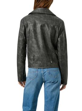 Jaqueta biker Pepe Jeans Stacy em pele preta para mulher.