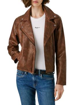 Jaqueta biker Pepe Jeans Stacy marrom de efeito pele para mulher.