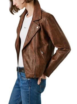 Jaqueta biker Pepe Jeans Stacy marrom de efeito pele para mulher.