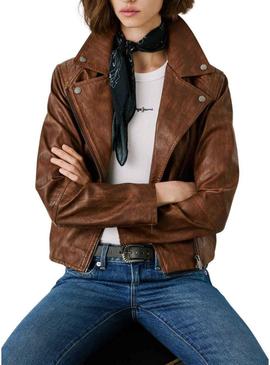 Jaqueta biker Pepe Jeans Stacy marrom de efeito pele para mulher.