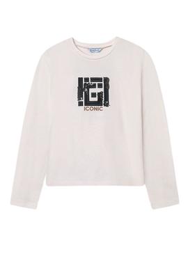 Camisa Mayoral bordada com lantejoulas branca para menina.