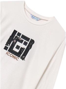 Camisa Mayoral bordada com lantejoulas branca para menina.