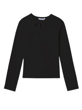 Camiseta Mayoral canalé cortada em preto para menina.