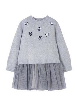 Vestido de malha cinza combinado de menina.