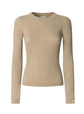 Camisola Pepe Jeans Carla em malha canelada bege para mulher.