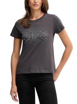 Camiseta Pepe Jeans Bertie com tachas cinza para mulher.