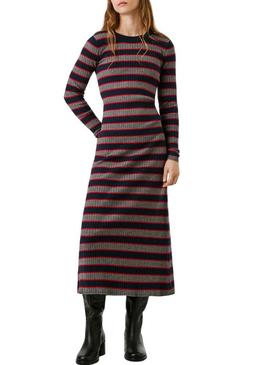 Vestido Pepe Jeans Clarisse de comprimento longo em canalé estampado de riscas para mulher.