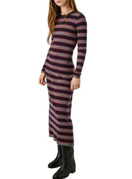 Vestido Pepe Jeans Clarisse de comprimento longo em canalé estampado de riscas para mulher.