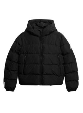 Jaqueta acolchoada Superdry Hooded Sports Puffer preta para mulher.