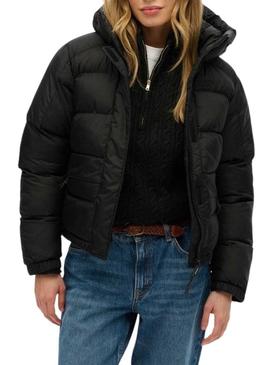 Jaqueta acolchoada Superdry com capuz 5 Baffle Puffer preta para mulher