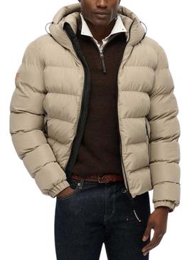 Camisa acolchoada Superdry Hooded Sports Puffer bege para homem.