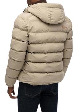 Camisa acolchoada Superdry Hooded Sports Puffer bege para homem.