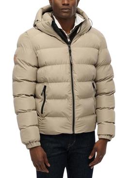 Camisa acolchoada Superdry Hooded Sports Puffer bege para homem.