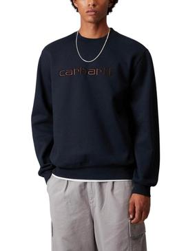 Moletom Carhartt com marca bordada em azul marinho para homens.