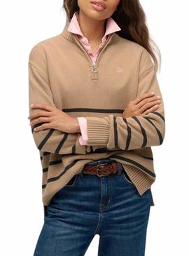 Camisola Superdry com gola com zíper caramelo para mulher.