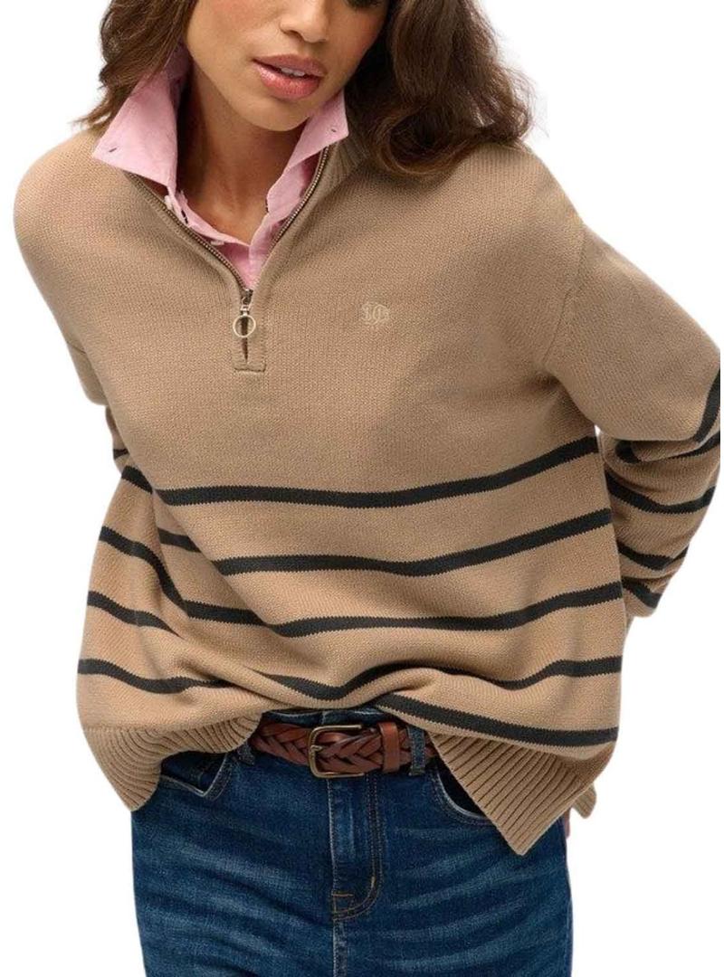 Camisola Superdry com gola com zíper caramelo para mulher.