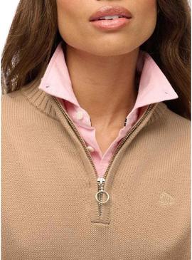 Camisola Superdry com gola com zíper caramelo para mulher.