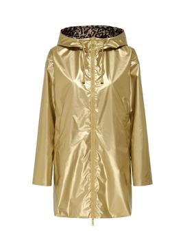 Capa de chuva reversível Only Fry dourada e animal print para mulher.