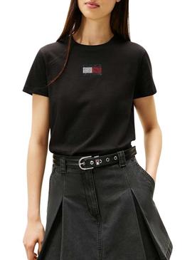 Camiseta Tommy Jeans Party Flag preta para mulher.