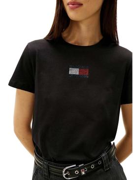 Camiseta Tommy Jeans Party Flag preta para mulher.
