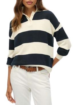 Camisola Superdry Listrada de Rugby Desleixada Marinha e Bege para Mulher.