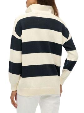 Camisola Superdry Listrada de Rugby Desleixada Marinha e Bege para Mulher.