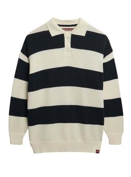 Camisola Superdry Listrada de Rugby Desleixada Marinha e Bege para Mulher.