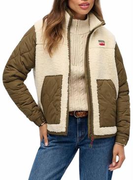 Jaqueta polar Superdry Fleece Hybrid bege e verde para mulher.