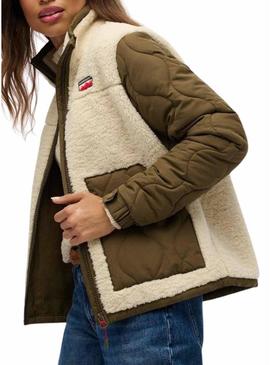 Jaqueta polar Superdry Fleece Hybrid bege e verde para mulher.
